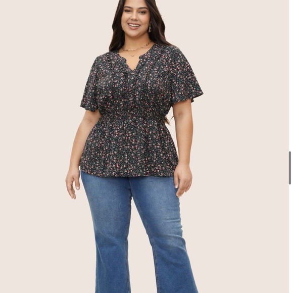 BloomChic Plus Size XL Plus Size Black Ditsy Floral Shirred Frill Trim Blouse - Picture 5 of 9